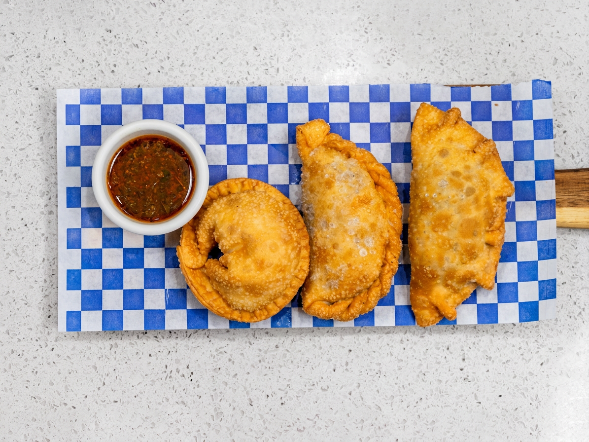Empanadas argentinas fritas con chimichurri sobre papel a cuadros azules